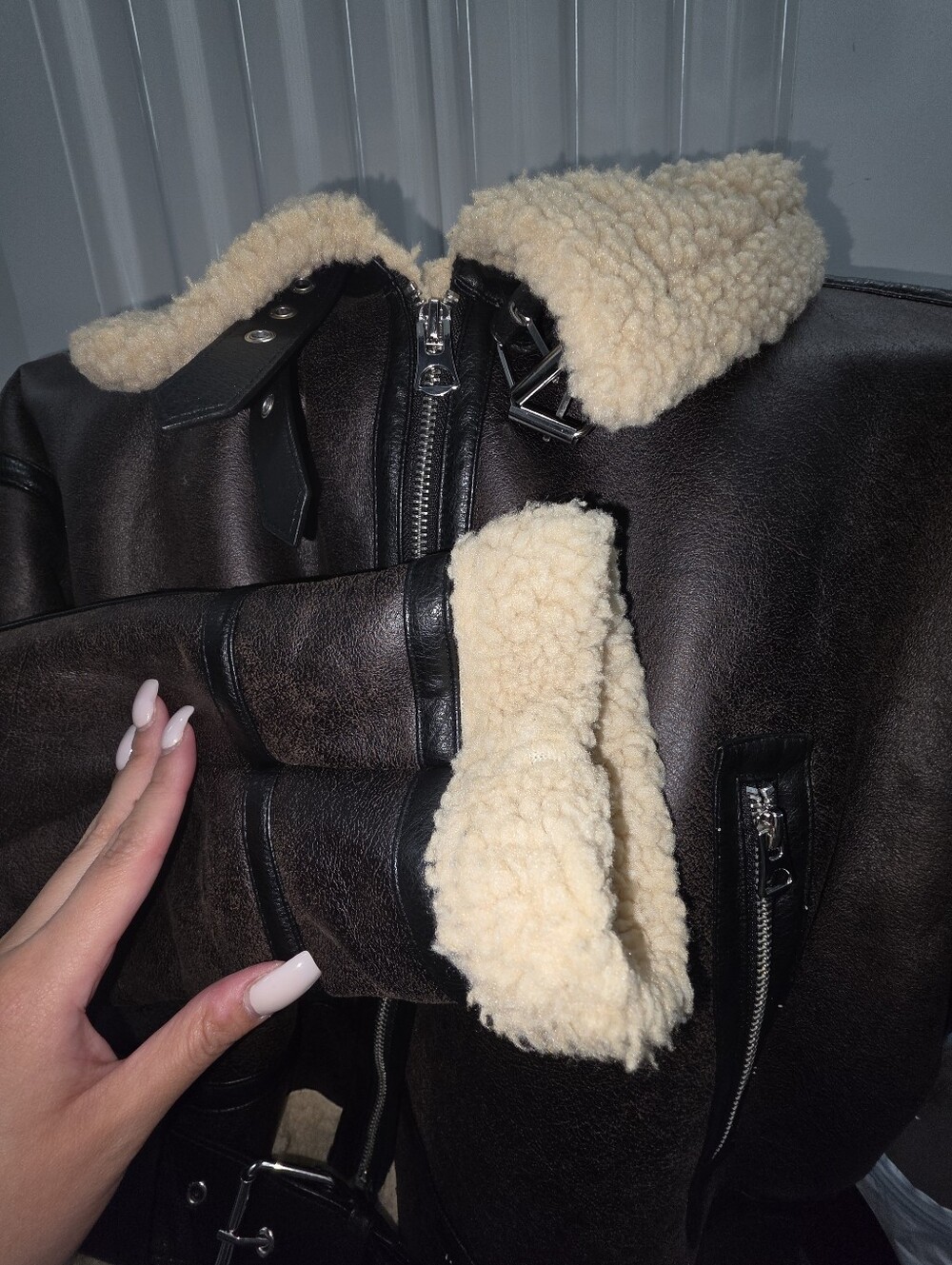 Zara Dark Brown Shearling-Trim Leather Aviator Jacket - Picture 3 of 8